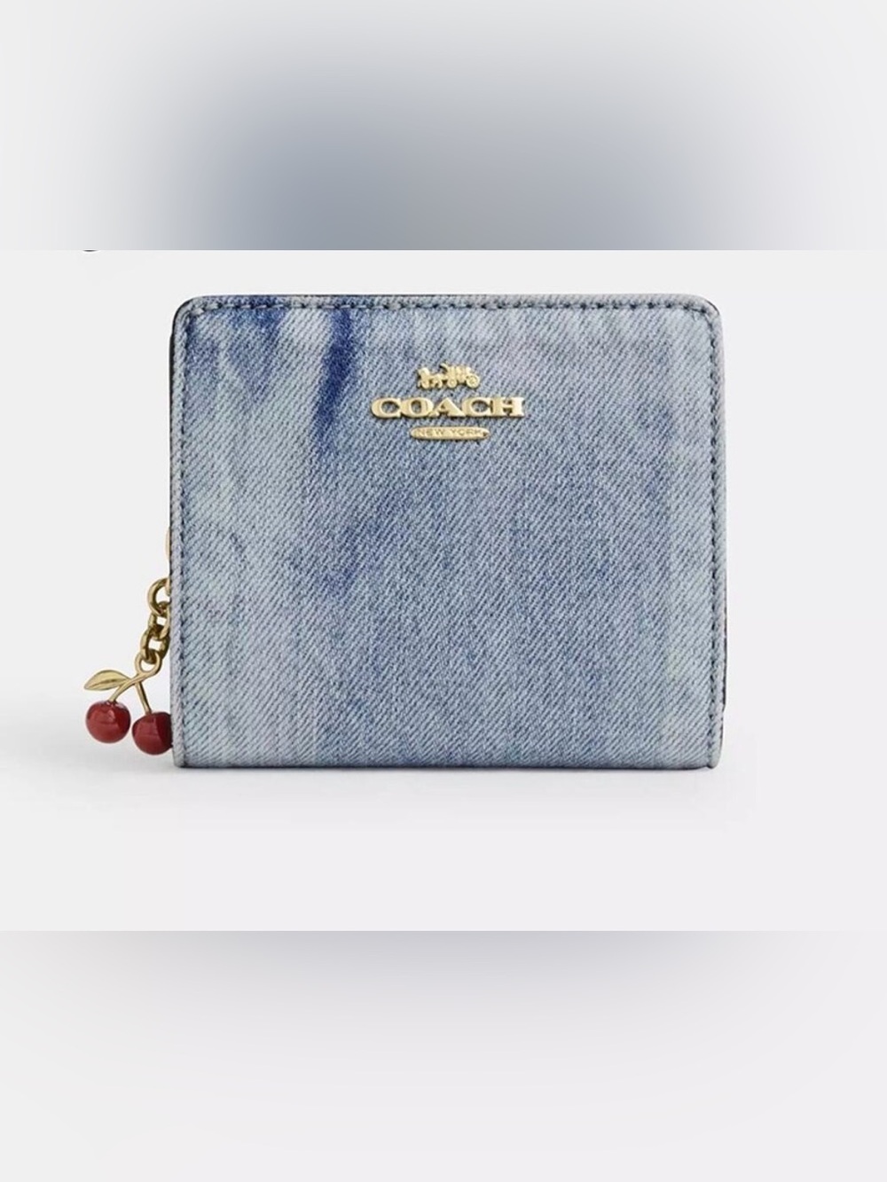 Coach snap wallet in loved denim with cherry pull